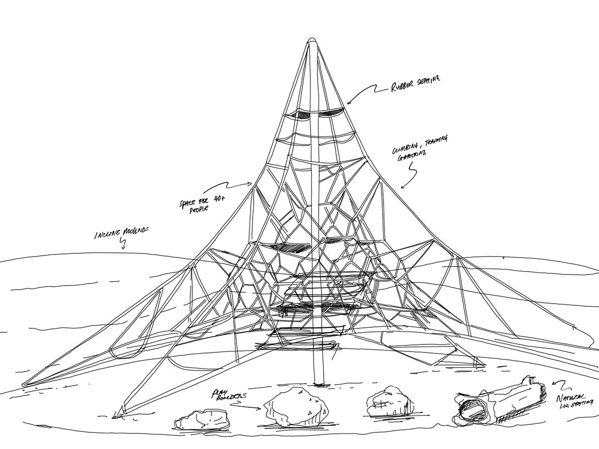 annotated black and white drawing of climbing net