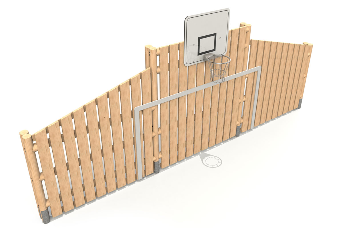 Timber football posts and basketball hoop