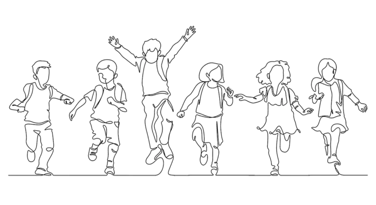 Outline drawing of six children running and jumping, holding hands, symbolizing play and movement.